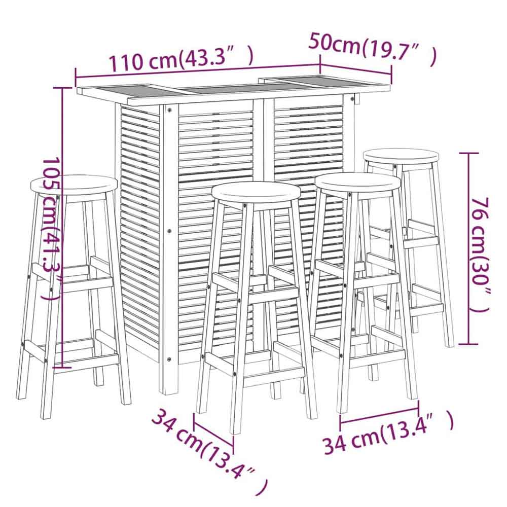 Evaril Garden Acacia Wood Bar Table with 4 Round Stools in Brown