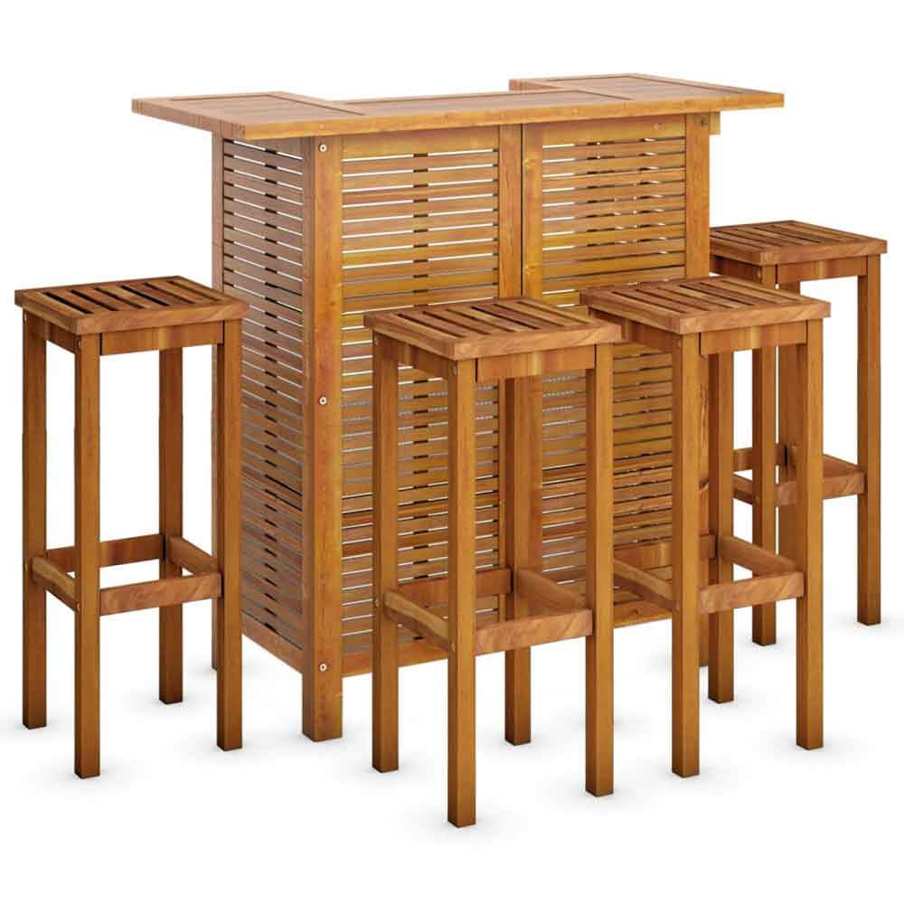 Evaril Garden Acacia Wood Bar Table with 4 Square Stools in Brown
