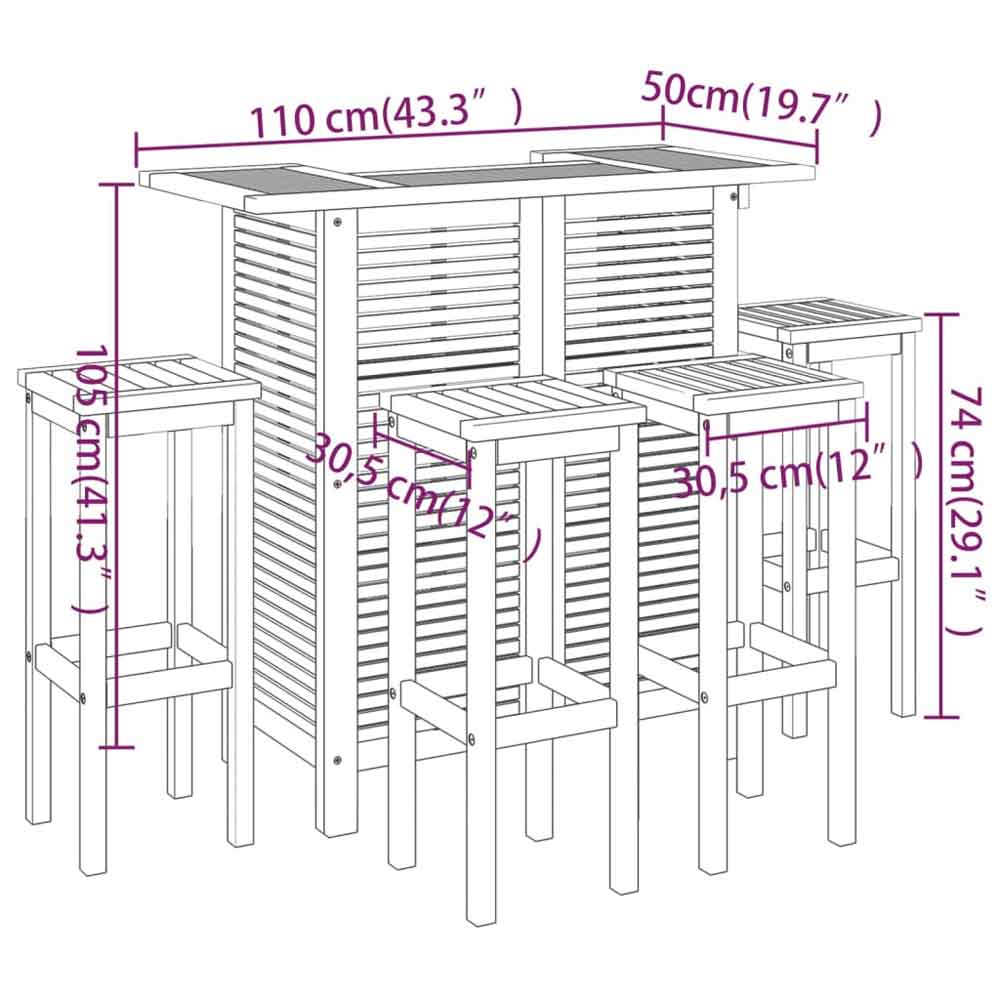 Evaril Garden Acacia Wood Bar Table with 4 Square Stools in Brown