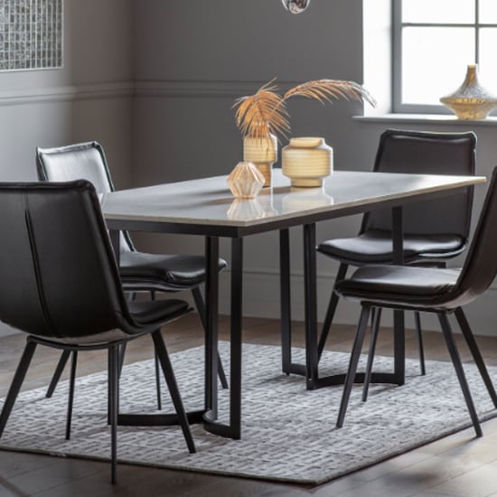 Evartania White Marble Dining Table With Black Metal Base Furniture