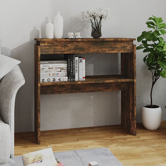 Everill Wooden Console Table With Undershelf In Smoked Oak Furniture
