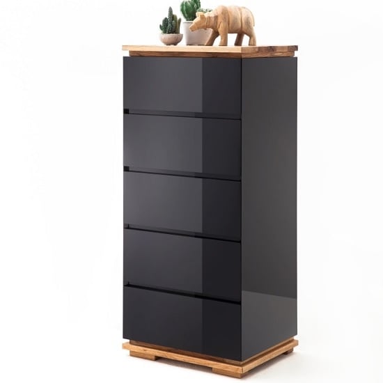 Product photograph of Everly Chest Of Drawers In Black High Gloss Lacquered And Oak from Furniture in Fashion