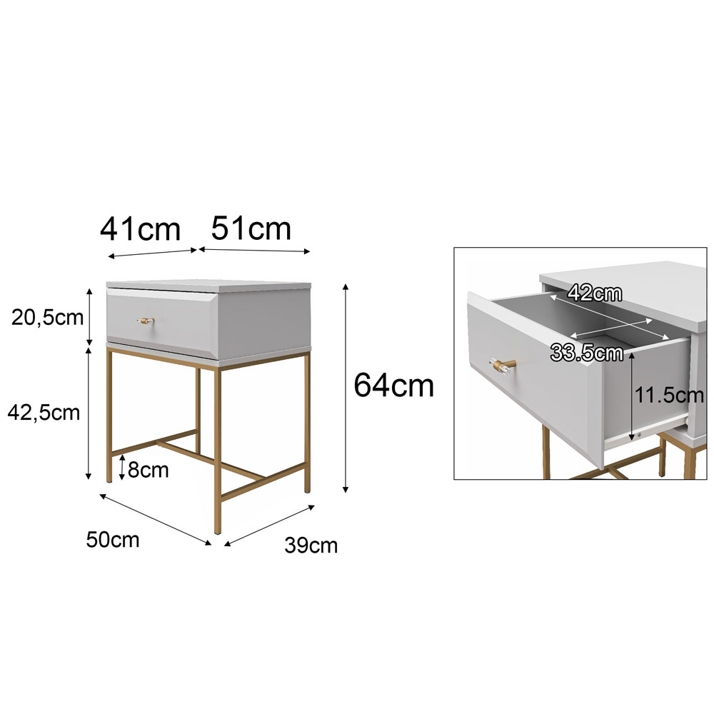Evlino Wooden Bedside Cabinet with 1 Drawer in White and Gold