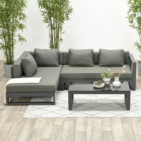 Read more about Ewloe outdoor fabric right hand lounge set in mystic grey