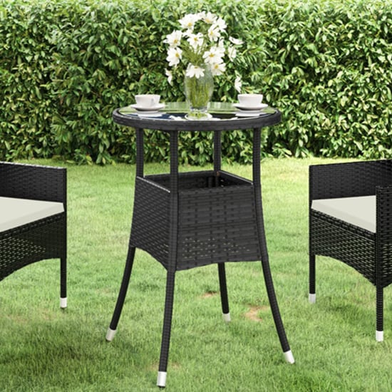 Product photograph of Exa Glass Top Garden Bistro Table Round In Black Poly Rattan from Furniture in Fashion