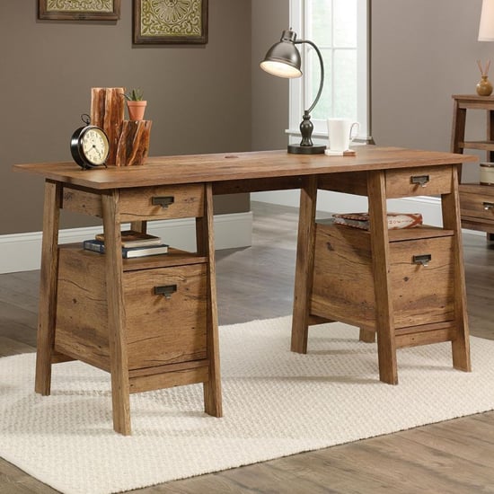 Executive Wooden Trestle Computer Desk In Vintage Oak