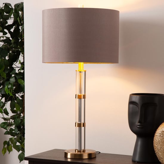 Product photograph of Exeter Dark Taupe Faux Silk Shade Table Lamp With Champagne Gold Base from Furniture in Fashion