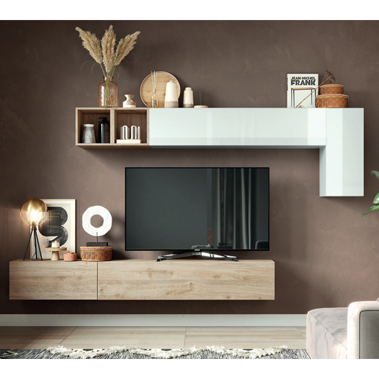 Exeter High Gloss Entertainment Unit In White And Cadiz Oak