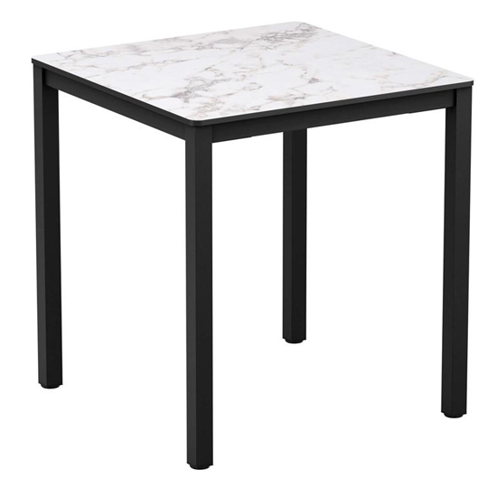 Read more about Extro square 69cm wooden dining table in carrara marble effect