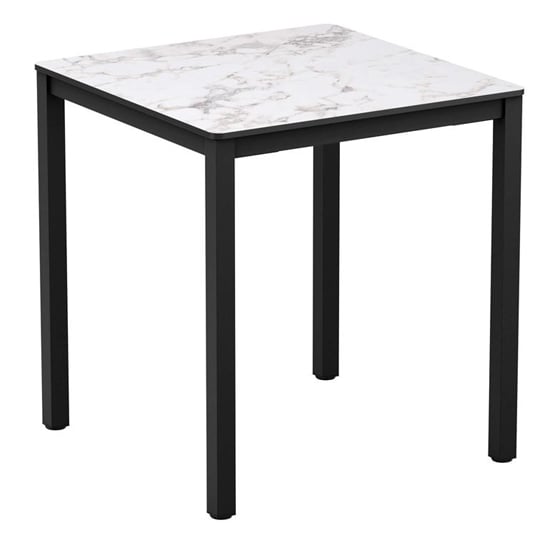 Read more about Extro square 79cm wooden dining table in carrara marble effect