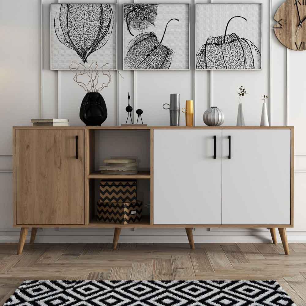 Exxen Wooden Sideboard with 3 Doors in White and Oak