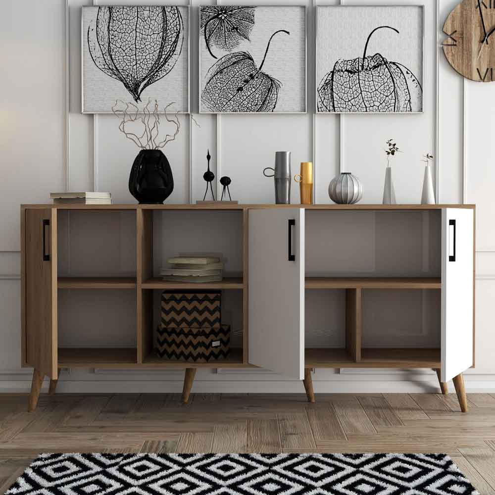 Exxen Wooden Sideboard with 3 Doors in White and Oak