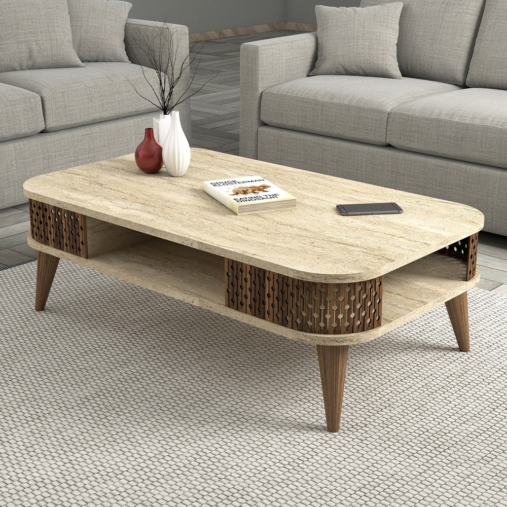Eylul Wooden Coffee Table in Travertine Marble Effect