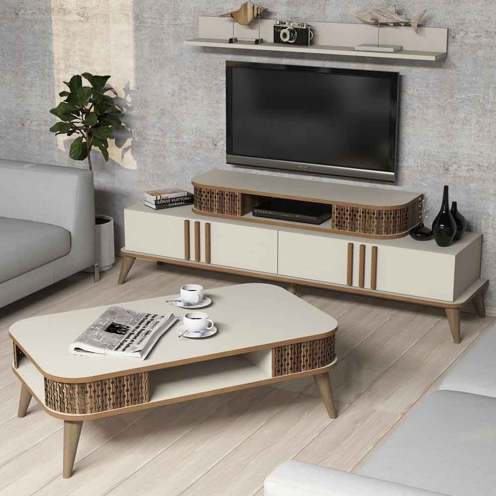Eylul Wooden Entertainment Unit and Coffee Table Set in Cream and Oak