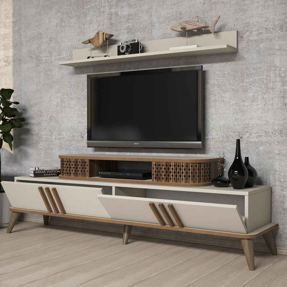 Eylul Wooden Entertainment Unit and Coffee Table Set in Cream and Oak