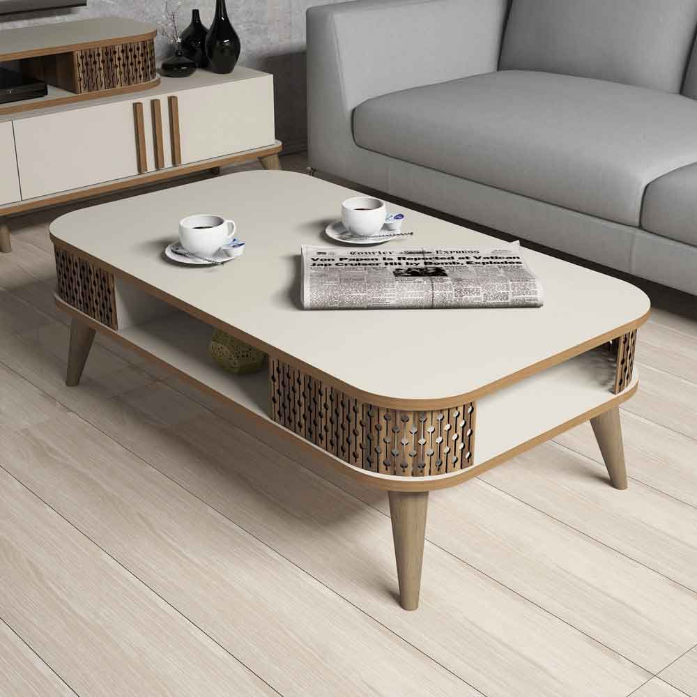 Eylul Wooden Entertainment Unit and Coffee Table Set in Cream and Oak