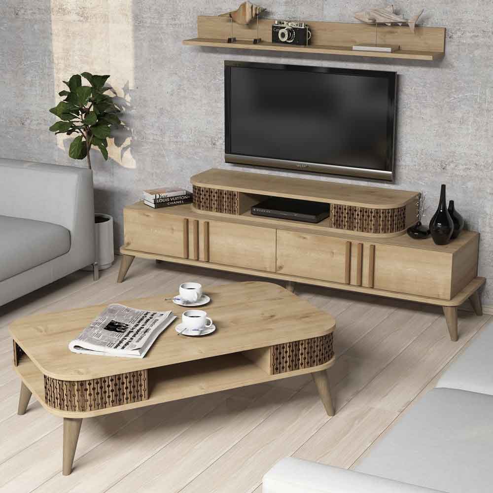 Eylul Wooden Entertainment Unit and Coffee Table Set in Oak