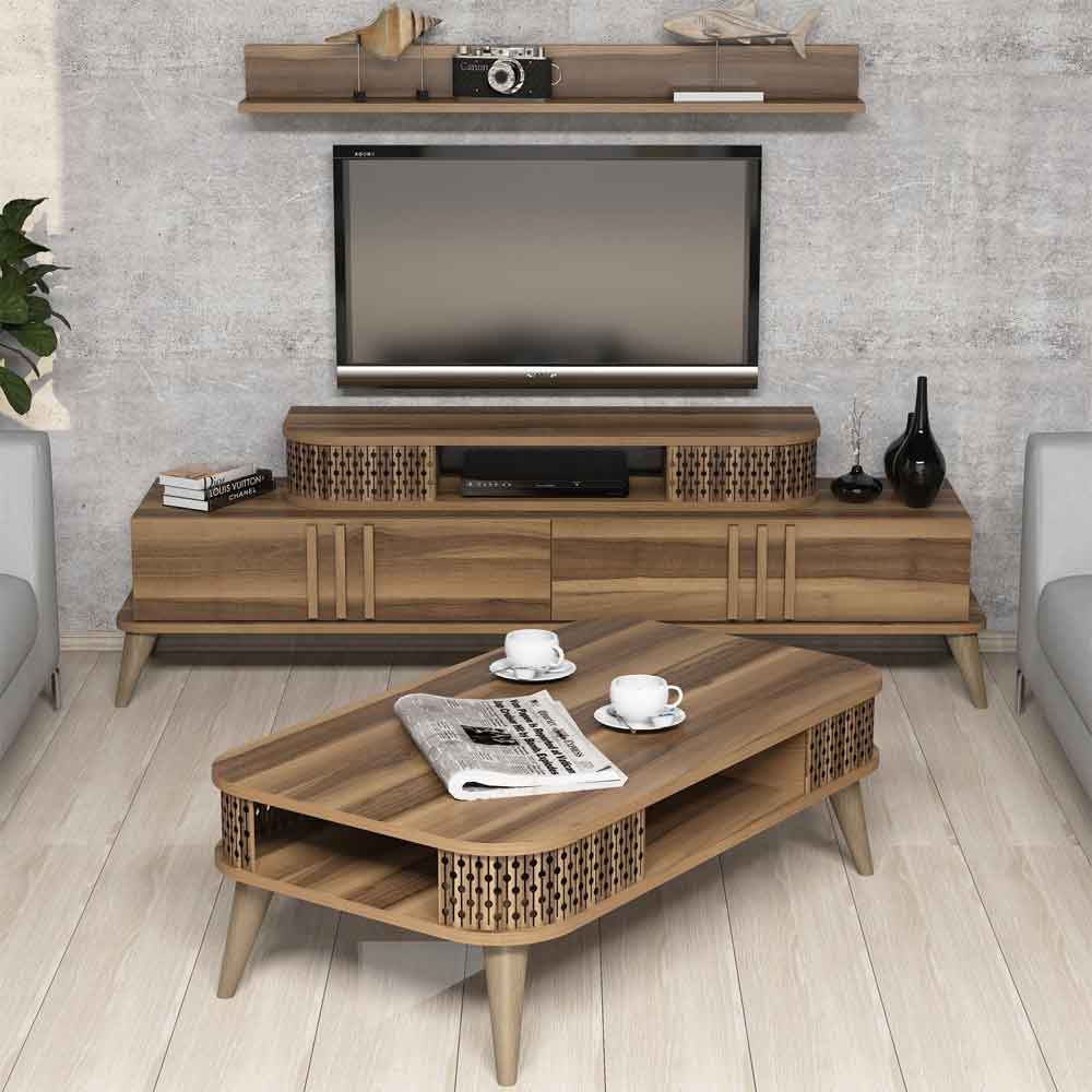 Eylul Wooden Entertainment Unit and Coffee Table Set in Walnut