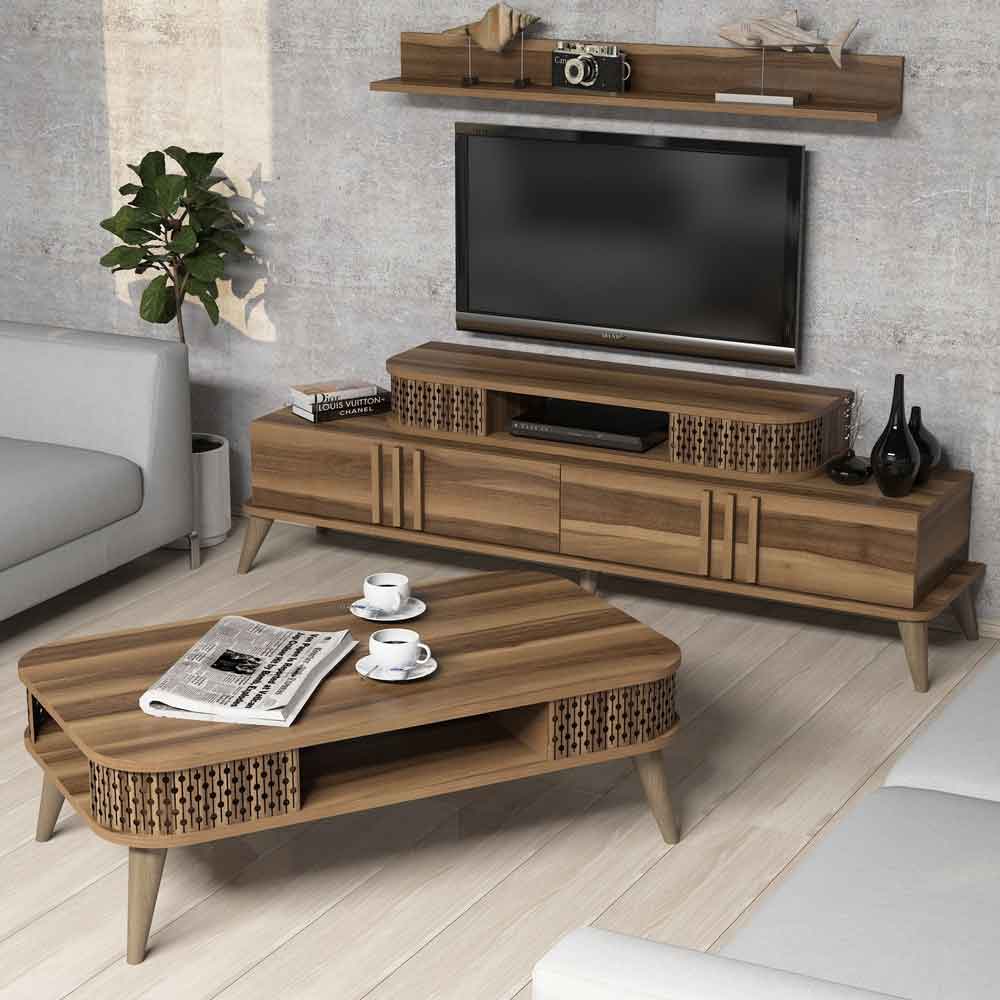 Eylul Wooden Entertainment Unit and Coffee Table Set in Walnut