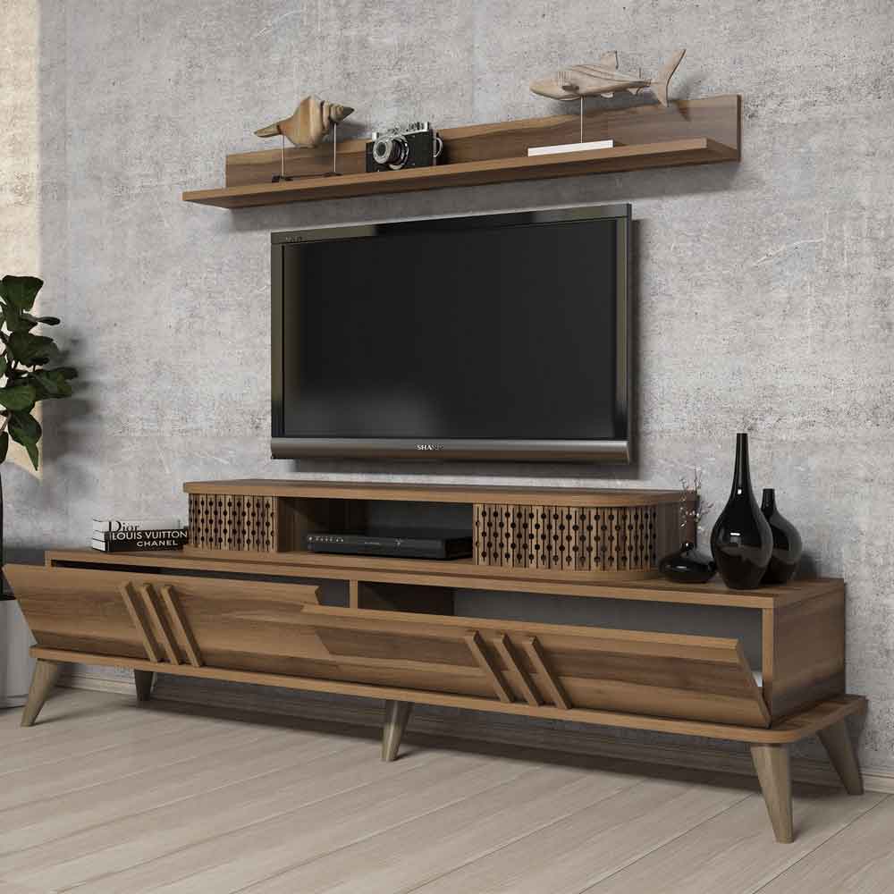 Eylul Wooden Entertainment Unit and Coffee Table Set in Walnut