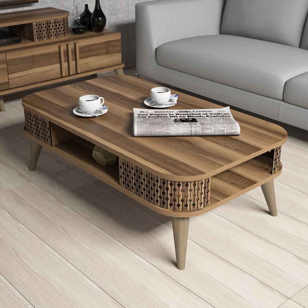 Eylul Wooden Entertainment Unit and Coffee Table Set in Walnut