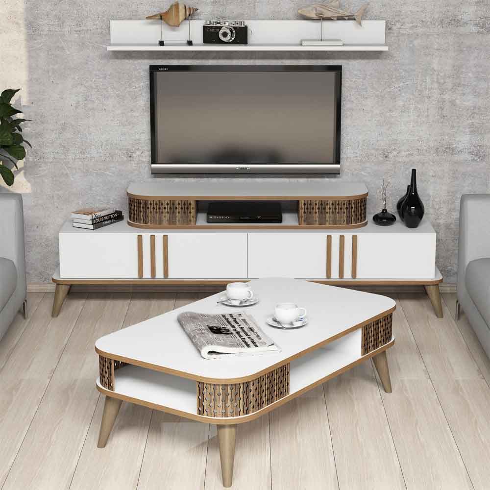 Eylul Wooden Entertainment Unit and Coffee Table Set in White