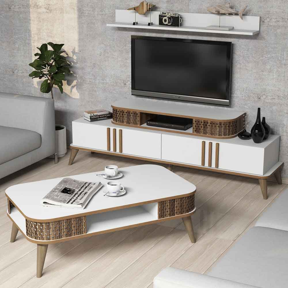 Eylul Wooden Entertainment Unit and Coffee Table Set in White