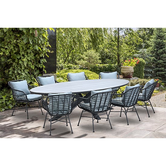 View Ezra grey teak dining table large oval with 8 mint grey chairs