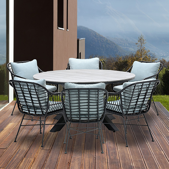 Read more about Ezra grey teak dining table large round with 6 mint grey chairs