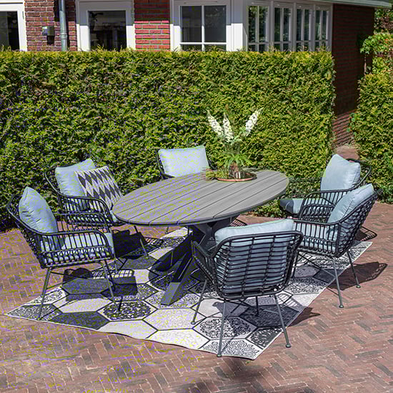 Read more about Ezra grey teak dining table small oval with 6 mint grey chairs