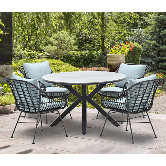 Product photograph of Ezra Grey Teak Dining Table Small Round With 4 Mint Grey Chairs from Furniture in Fashion