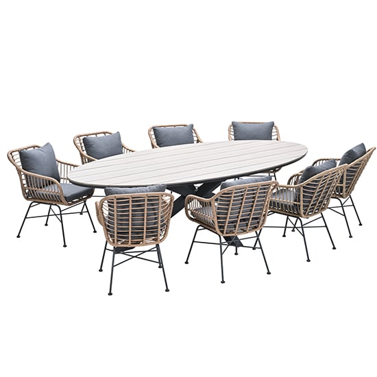 Read more about Ezra light teak dining table large oval 8 mystic grey chairs