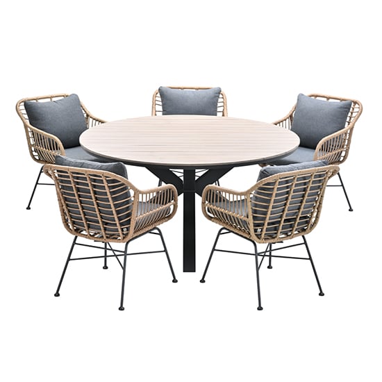 Photo of Ezra light teak dining table large round 6 mystic grey chairs
