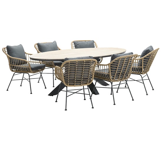 Product photograph of Ezra Light Teak Dining Table Small Oval 6 Mystic Grey Chairs from Furniture in Fashion