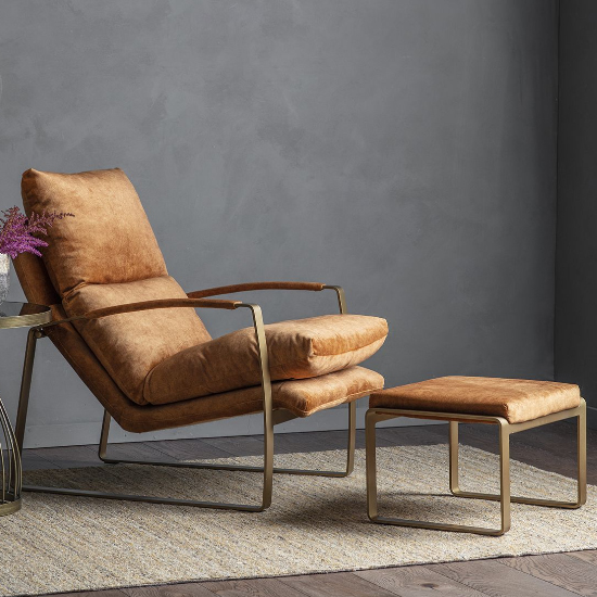 Fabian Velvet Footstool With Metal Frame In Ochre