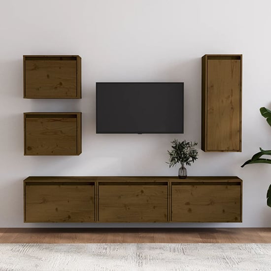 Product photograph of Fabiana Solid Pinewood Entertainment Unit In Honey Brown from Furniture in Fashion