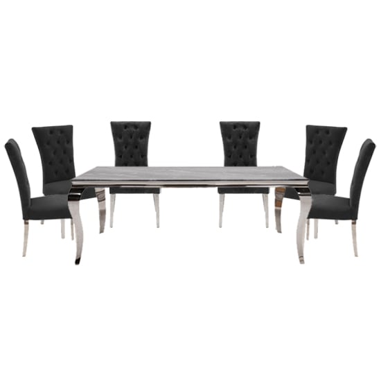 Fabien Large Glass Dining Table With 6 Pembroke Charcoal Chairs