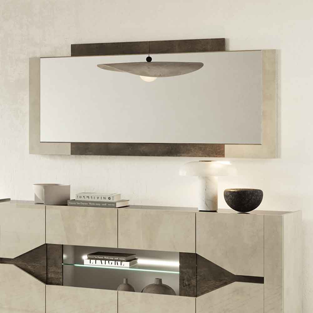 Fabio Marble Effect Mirror with High Gloss Frame in Warm Grey and Dark Brown