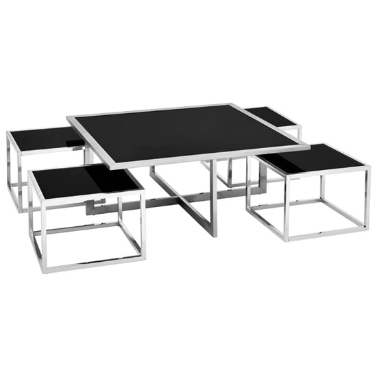 Product photograph of Fafnir Black Glass Top Coffee Table And Stool With Silver Frame from Furniture in Fashion