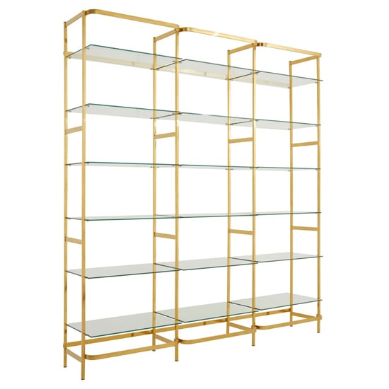 Product photograph of Fafnir Clear Glass 6 Shelves Bookshelf With Gold Frame from Furniture in Fashion
