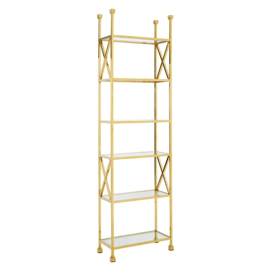 Read more about Fafnir cross design clear glass bookshelf with gold frame