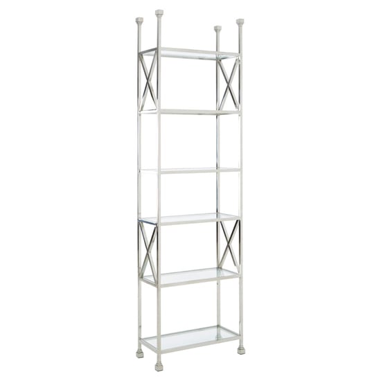 Read more about Fafnir cross design clear glass bookshelf with silver frame