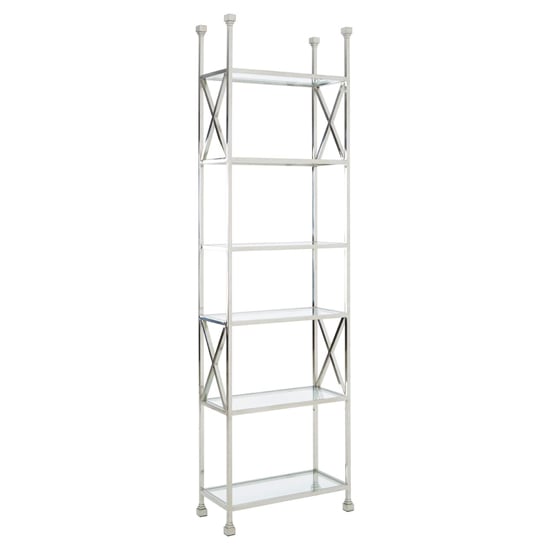 Photo of Fafnir cross design clear glass bookshelf with silver frame