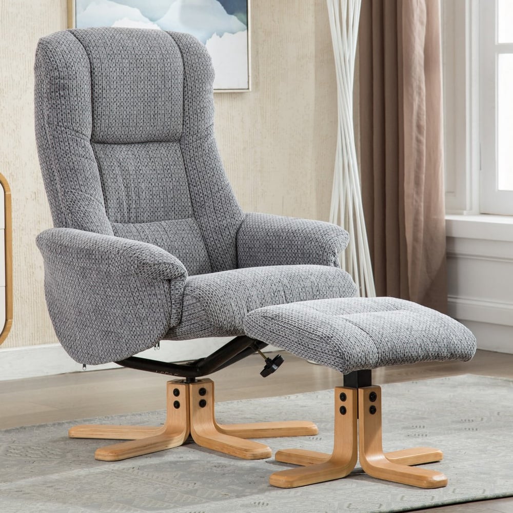 fairlop fabric recliner chair with stool in lake blue