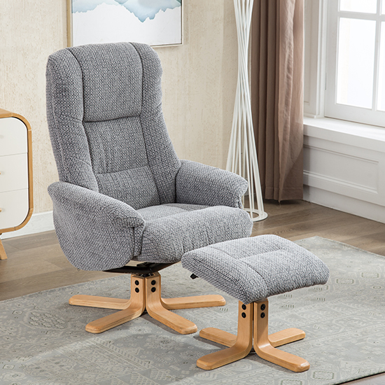 Product photograph of Fairlop Fabric Swivel Recliner Chair And Footstool In Lake Blue from Furniture in Fashion