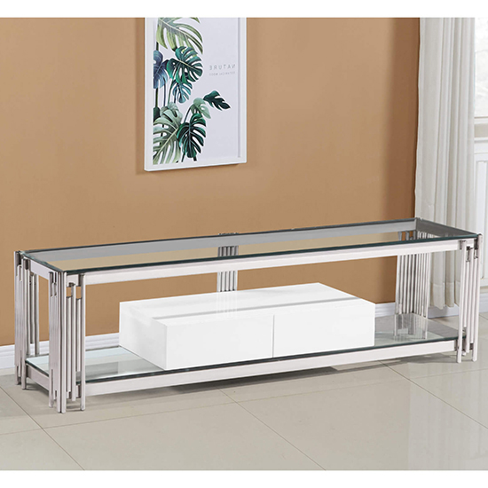 Falan Clear Glass TV Stand With White High Gloss Drawer