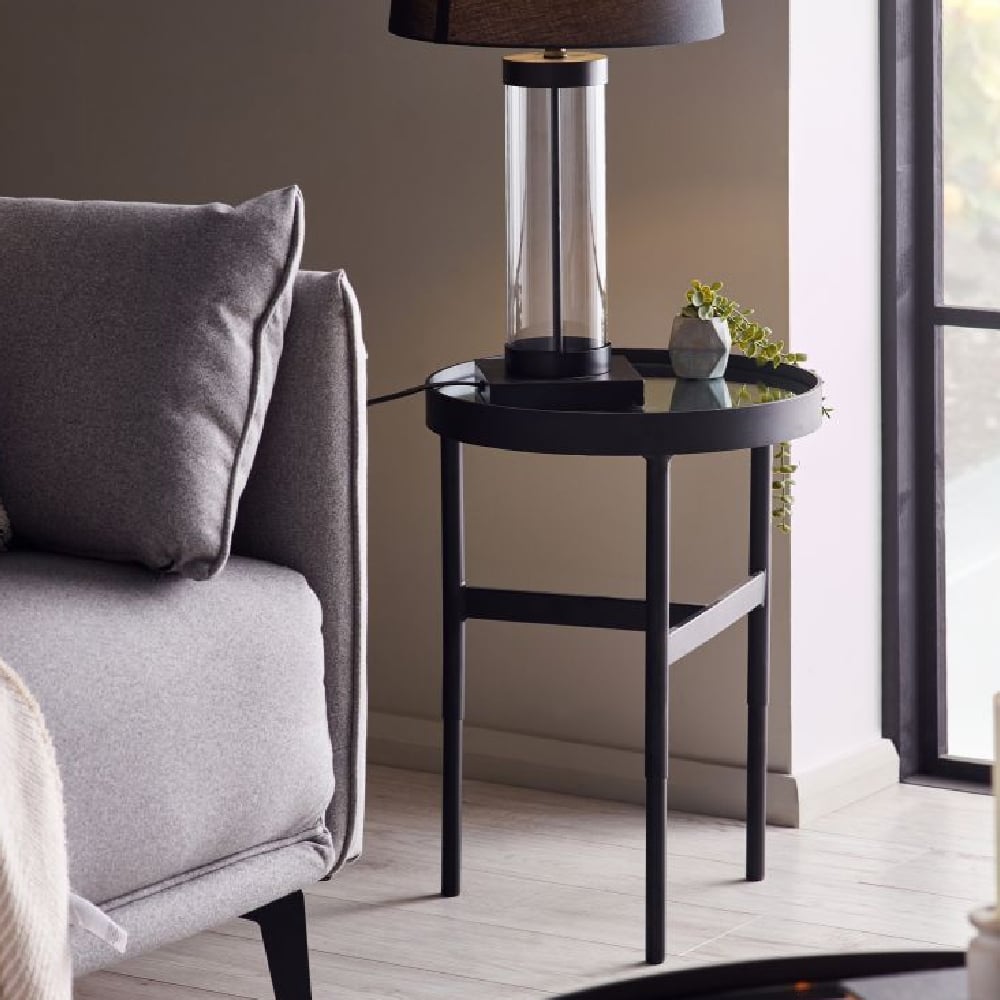 Read more about Fallon clear glass lamp table with black metal frame