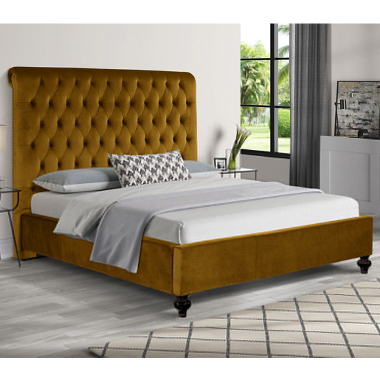 Fallston Plush Velvet King Size Bed In Mustard Furniture in Fashion