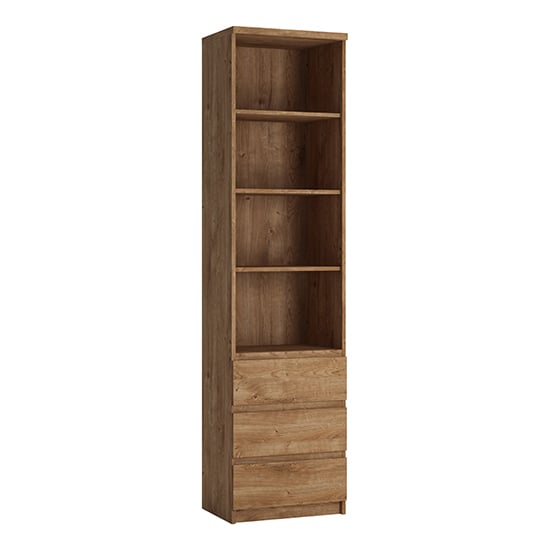 Product photograph of Felton Tall Narrow 3 Shelves 3 Drawers Bookcase In Oak from Furniture in Fashion