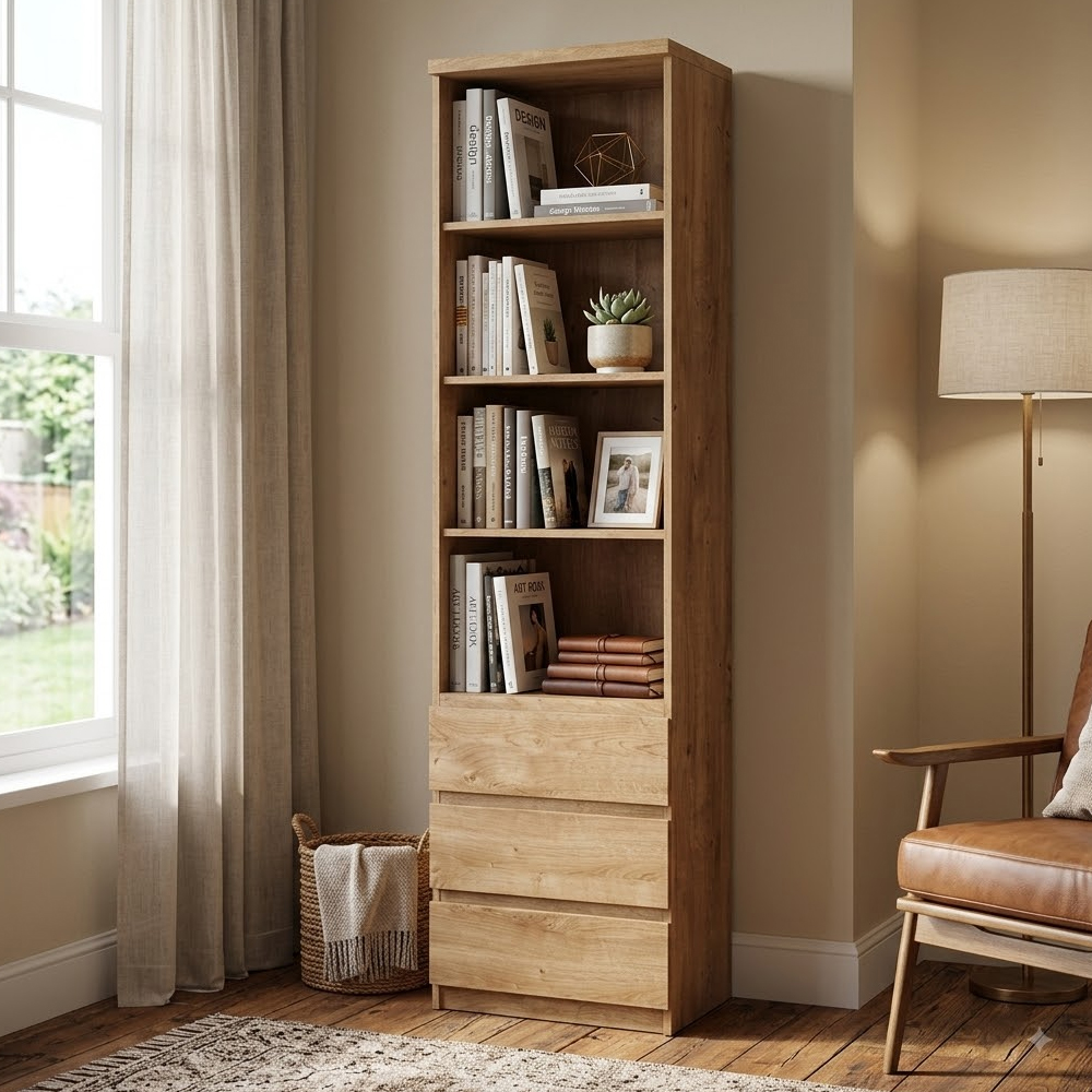 Felton Wooden Bookcase With 4 Shelves And 3 Drawers In Oak